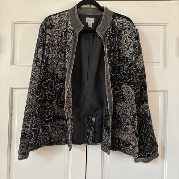 Chico's Size 3 Elegant Black Gray‎ Velvet Burnout Paisley Blazer Jacket Size XL - Picture 1 of 13